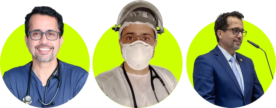 Dr. Elton de jaleco, de máscara na UTI durante a pandemia e discursando na tribuna